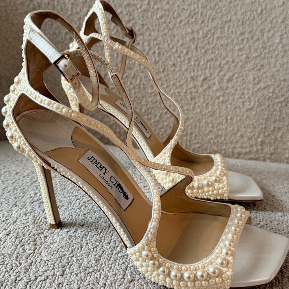 NWOT Jimmy Choo AZIA 100MM Ivory Pearl-Strap High Heel Sandals EU 40 - Picture 3 of 8